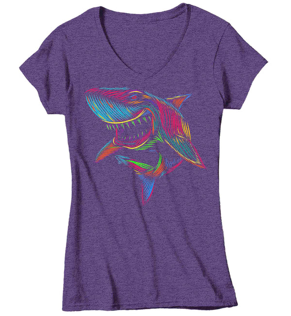 Women's V-Neck Pop Art Shark Shirt Illustration Line Art Streetwear Fish Great White Drawing Graphic Tee Gift Sea Ocean T Shirt Ladies-Shirts By Sarah