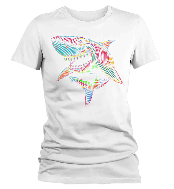 Women's Pop Art Shark Shirt Illustration Line Art Streetwear Fish Great White Drawing Graphic Tee Gift Sea Ocean T Shirt Ladies-Shirts By Sarah