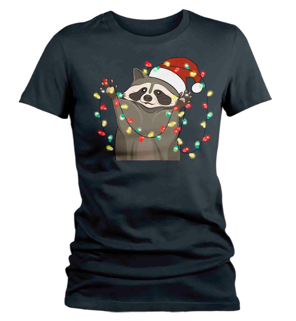 Christmas Shirt Racoon XMas Lights T Shirt Cute Tee Tree Lights Santa Hat Animal Holiday Funny Graphic Tshirt Trash Panda Ladies-Shirts By Sarah