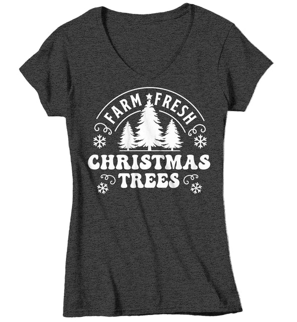 Women's Christmas Shirt Farm Fresh Trees Retro T Shirt Farmer Tee Groovy Fir Pine Country Farming Farm Holiday Graphic Tshirt Ladies-Shirts By Sarah