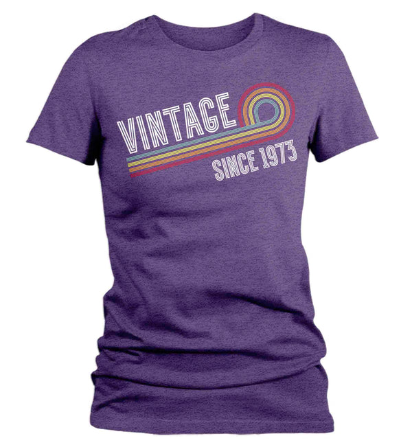 Women's Vintage 1973 Birthday Shirt 50th Birthday Party Tee Sketch Font Fiftieth BDay Rainbow TShirt Fifty Graphic Funky Retro Tee-Shirts By Sarah