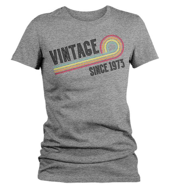 Women's Vintage 1973 Birthday Shirt 50th Birthday Party Tee Sketch Font Fiftieth BDay Rainbow TShirt Fifty Graphic Funky Retro Tee-Shirts By Sarah