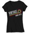 Women's V-Neck Vintage 1973 Birthday Shirt 50th Birthday Party Tee Sketch Font Fiftieth BDay Rainbow TShirt Fifty Graphic Funky Retro Tee