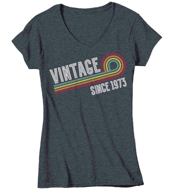 Women's V-Neck Vintage 1973 Birthday Shirt 50th Birthday Party Tee Sketch Font Fiftieth BDay Rainbow TShirt Fifty Graphic Funky Retro Tee-Shirts By Sarah