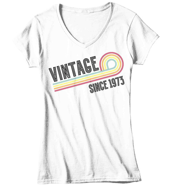 Women's V-Neck Vintage 1973 Birthday Shirt 50th Birthday Party Tee Sketch Font Fiftieth BDay Rainbow TShirt Fifty Graphic Funky Retro Tee-Shirts By Sarah