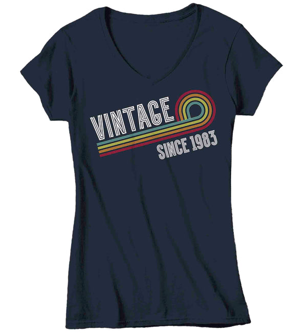 Women's V-Neck Vintage 1983 Birthday Shirt 40th Birthday Party Tee Sketch Font Fortieth BDay Rainbow TShirt Forty Graphic Funky Retro Tee-Shirts By Sarah