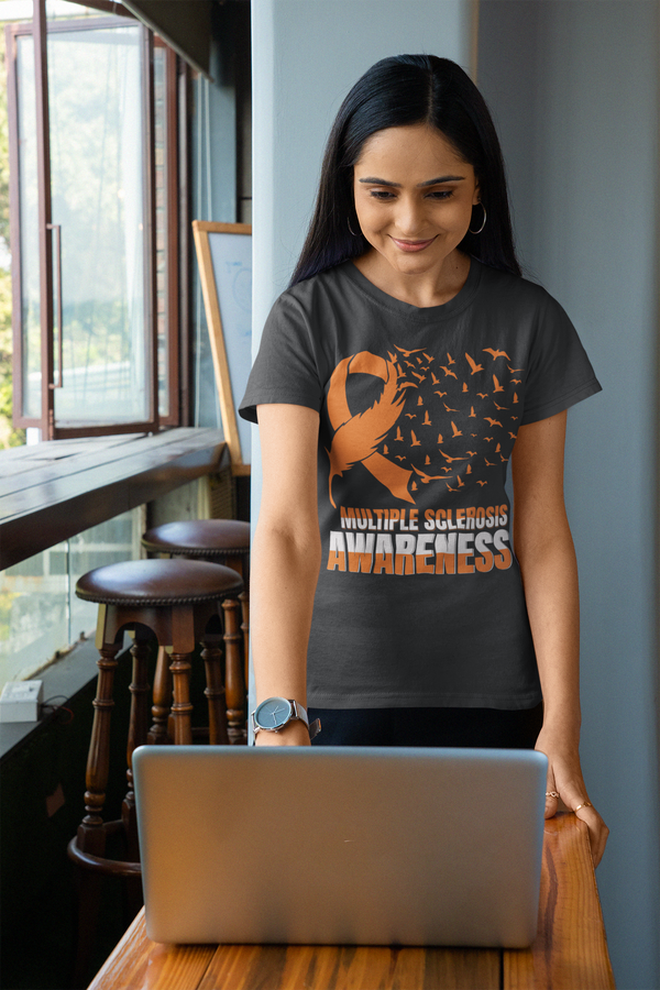 Women's Multiple Sclerosis Shirt MS Awareness T Shirt Orange Ribbon Feather Birds Hope Tshirt Graphic Tee Streetwear Ladies Woman-Shirts By Sarah