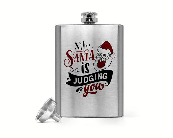 8 Oz. Funny Christmas Hip Flask Santa Stainless Santa Judging You Xmas Flask Hilarious Liquor Bottle Funnel-Shirts By Sarah