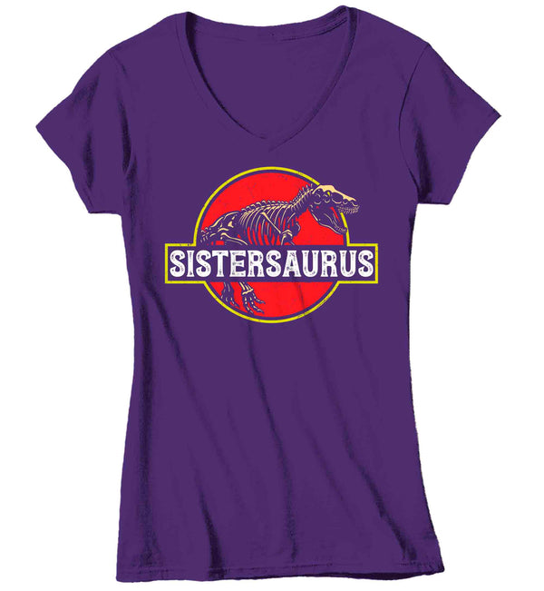 Women's V-Neck Sistersaurus Shirt Sis T Shirt T-Rex Dinosaur Family Theme TShirt Matching Shirts Daughter Gift Graphic Tee Girl's Ladies-Shirts By Sarah