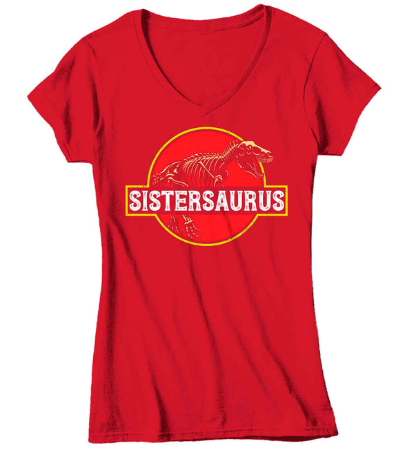 Women's V-Neck Sistersaurus Shirt Sis T Shirt T-Rex Dinosaur Family Theme TShirt Matching Shirts Daughter Gift Graphic Tee Girl's Ladies-Shirts By Sarah