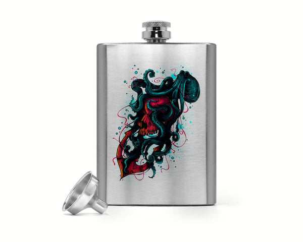 8 Oz. Octopus Flask Hand Drawn Vintage Hipster Stainless Steel Hip Flask Skull Tattoo Anchor Nautical 8 Ounces Silver-Shirts By Sarah