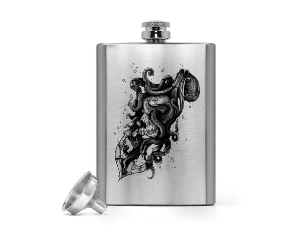 8 Oz. Octopus Flask Hand Drawn Vintage Hipster Stainless Steel Hip Flask Skull Tattoo Anchor Nautical 8 Ounces Silver-Shirts By Sarah