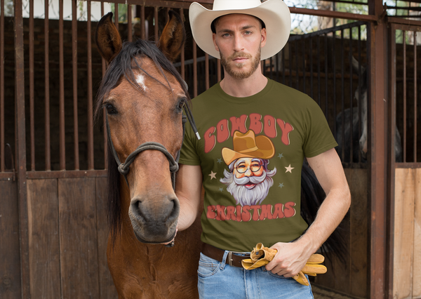 Men's Cowboy Christmas Shirt Santa Cow Boy Hat XMas Happy Desert Cute Tee Western Country Holiday Funny Graphic Tshirt Unisex Man-Shirts By Sarah