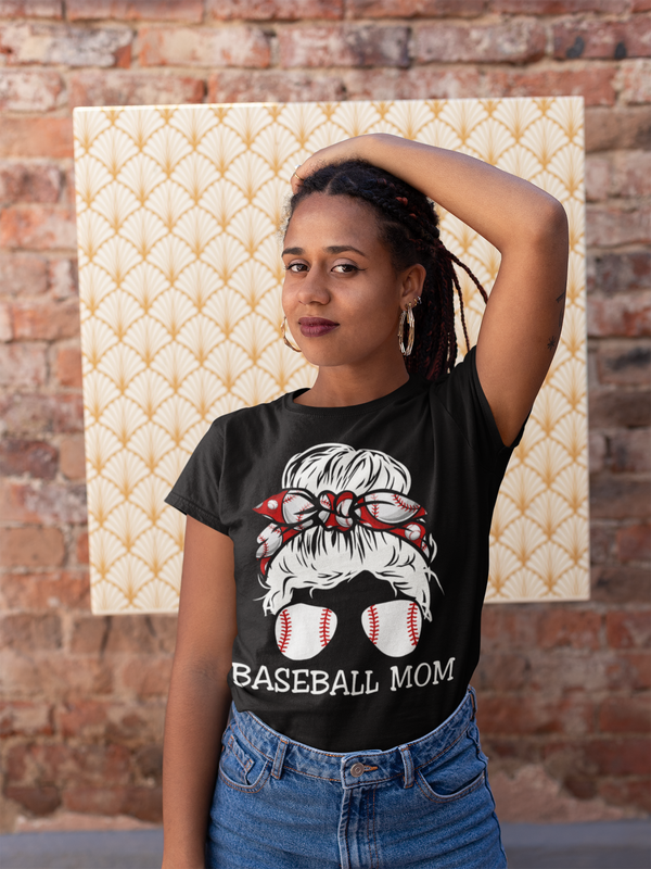Women's Cute Baseball Mom Shirt Messy Bun T Shirt Baseball Mom Tee Hair Bandana Graphic Tee Baller Mom Ladies V-Neck Soft-Shirts By Sarah