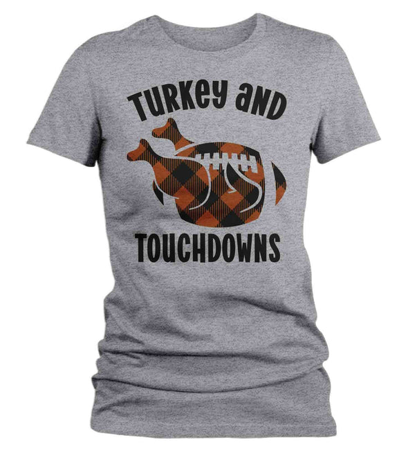 Women's Thanksgiving T Shirt Turkey & Touchdowns Shirt Turkey Shirts Buffalo Plaid Football T Shirt Thanksgiving Shirts Funny Tee-Shirts By Sarah
