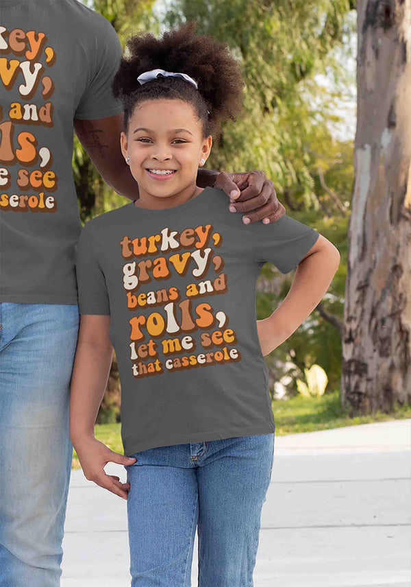 Kids Funny Thanksgiving T Shirt Turkey Gravy Beans Rolls Let Me See Casserole Shirts Saying Quote Vintage Humor Graphic Tee Unisex Youth-Shirts By Sarah