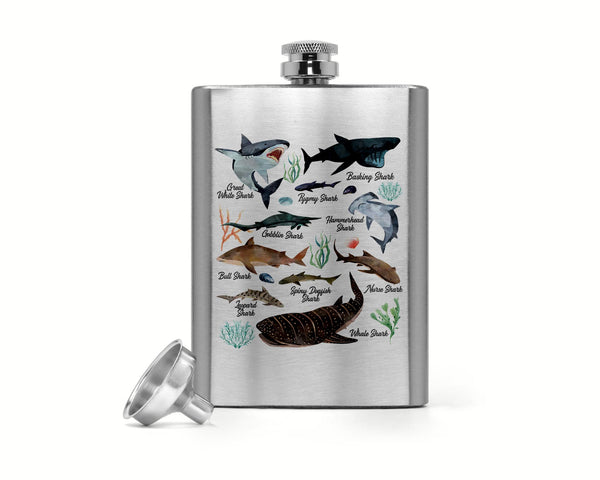 8 Oz. Shark Hip Flask Watercolor Shark Stainless Steel Types Of Sharks Silver Flask Illustrated Shark Gift Idea-Shirts By Sarah