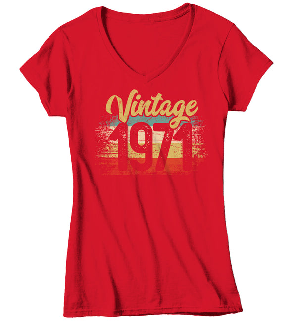 Women's V-Neck Vintage 1971 Birthday T Shirt 50th Birthday Shirt Fifty Years Gift Grunge Bday Gift Ladies V-Neck Woman-Shirts By Sarah