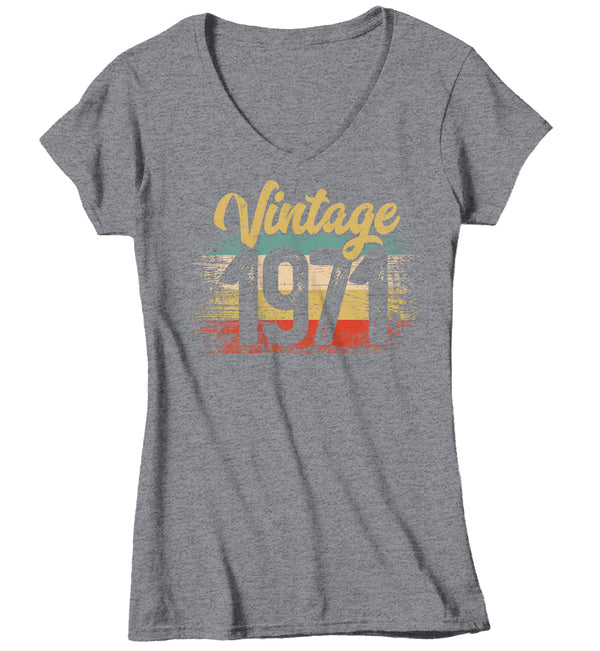 Women's V-Neck Vintage 1971 Birthday T Shirt 50th Birthday Shirt Fifty Years Gift Grunge Bday Gift Ladies V-Neck Woman-Shirts By Sarah