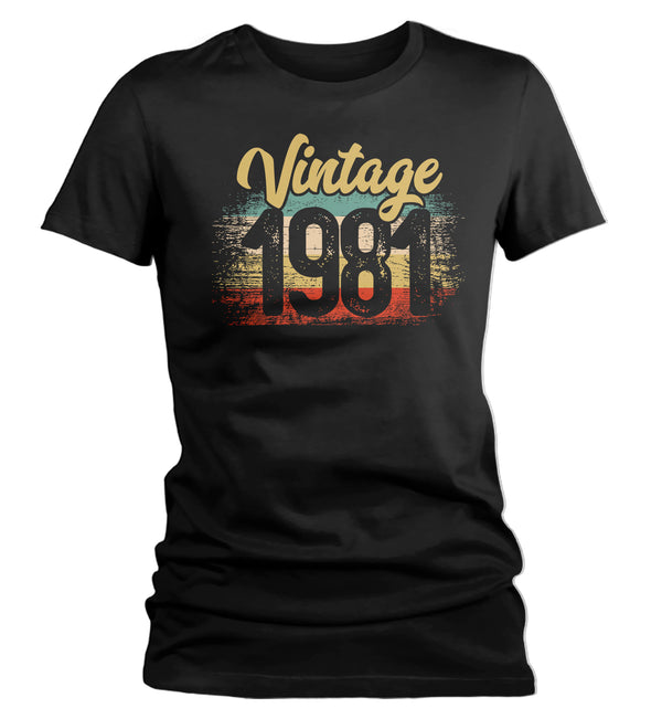 Women's Vintage 1981 Birthday T Shirt 40th Birthday Shirt Forty Years Gift Grunge Bday Gift Ladies V-Neck Soft Tee Fortieth Bday-Shirts By Sarah