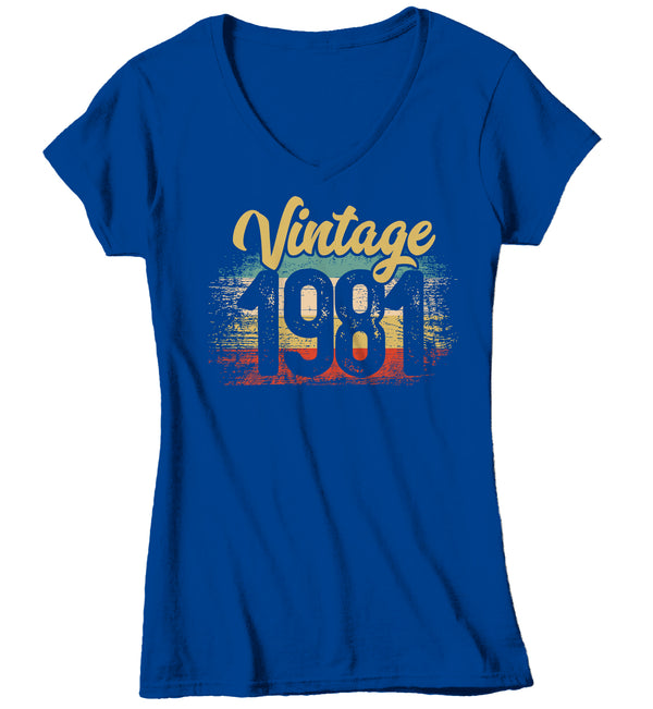Women's V-Neck Vintage 1981 Birthday T Shirt 40th Birthday Shirt Forty Years Gift Grunge Bday Gift Ladies V-Neck Soft Tee Fortieth Bday-Shirts By Sarah