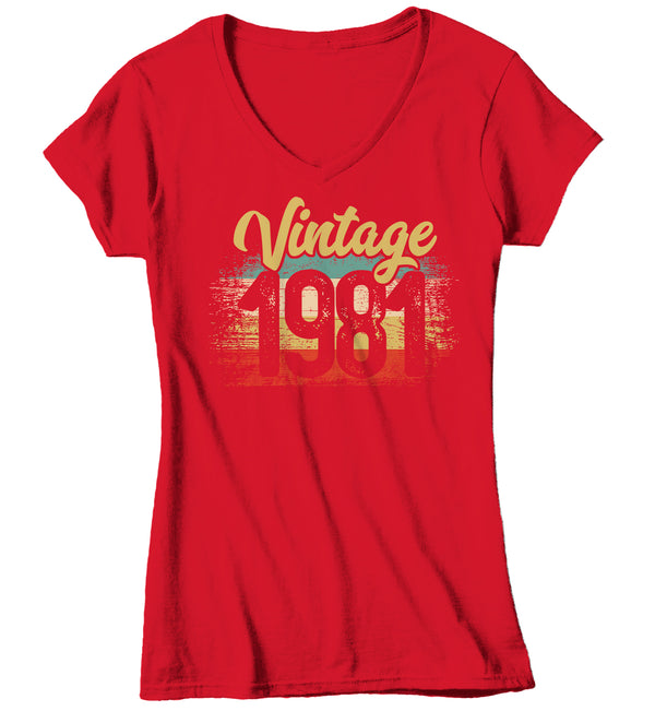Women's V-Neck Vintage 1981 Birthday T Shirt 40th Birthday Shirt Forty Years Gift Grunge Bday Gift Ladies V-Neck Soft Tee Fortieth Bday-Shirts By Sarah