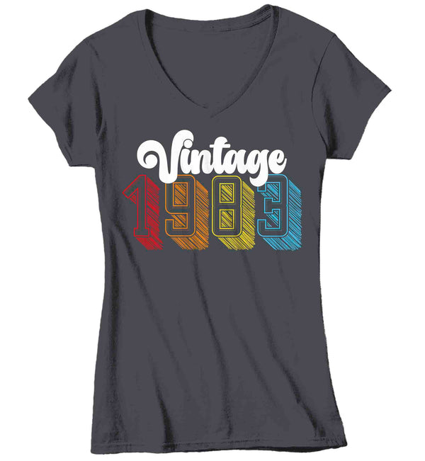 Women's V-Neck Vintage 1983 Birthday Shirt 40th Birthday Party Tee Sketch Font Forty BDay Celebrate TShirt Fortieth Graphic Retro Tee Ladies-Shirts By Sarah