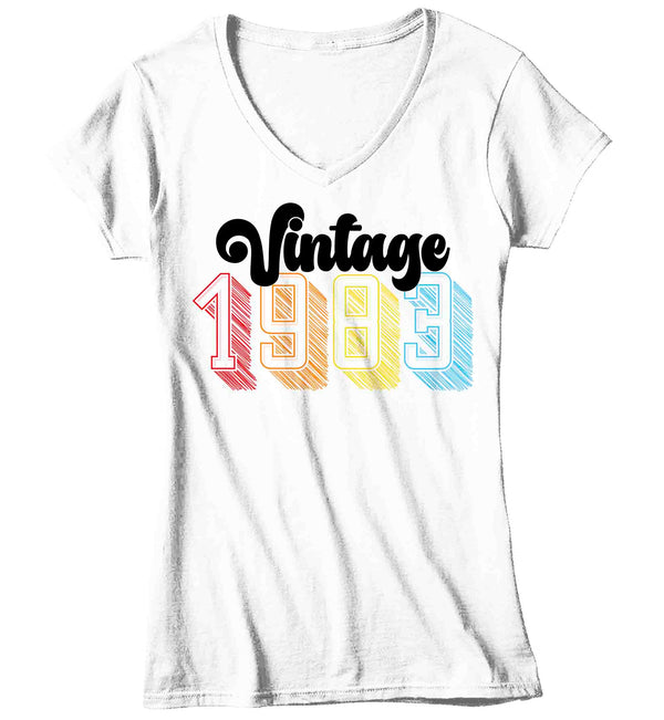 Women's V-Neck Vintage 1983 Birthday Shirt 40th Birthday Party Tee Sketch Font Forty BDay Celebrate TShirt Fortieth Graphic Retro Tee Ladies-Shirts By Sarah