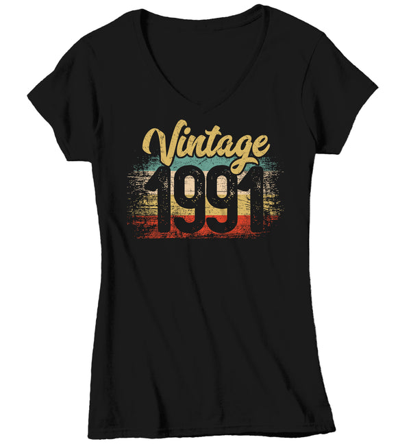 Women's V-Neck Vintage 1991 Birthday T Shirt 30th Birthday Shirt Thirty Years Gift Grunge Bday Gift Ladies V-Neck Soft Tee Thirtieth Bday-Shirts By Sarah