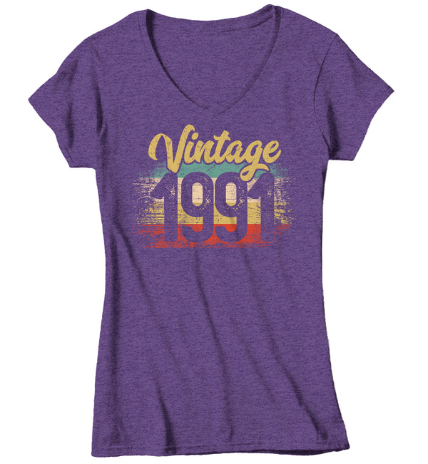 Women's V-Neck Vintage 1991 Birthday T Shirt 30th Birthday Shirt Thirty Years Gift Grunge Bday Gift Ladies V-Neck Soft Tee Thirtieth Bday-Shirts By Sarah