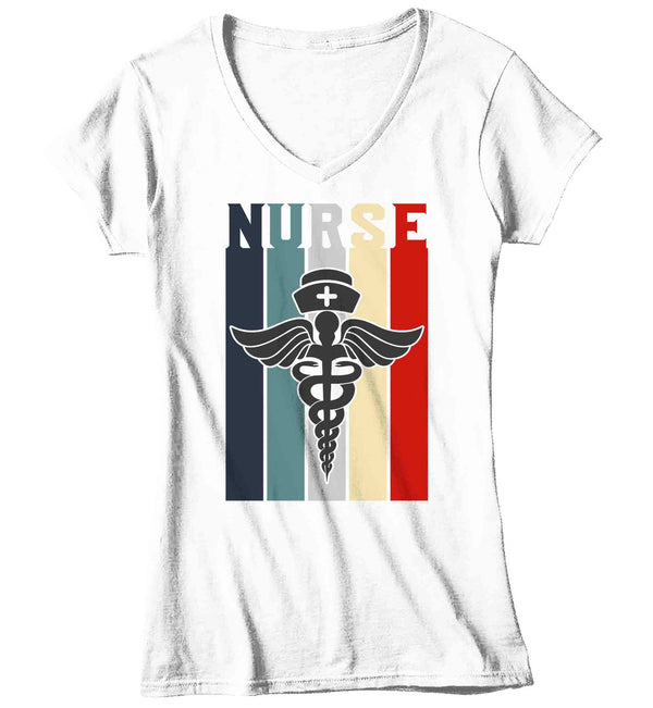 Women's V-Neck Nurse Shirt Vintage Nurse T Shirt Nurses Gift Nursing ER Registered Licensed Practical RN LPN Ladies Woman TShirt-Shirts By Sarah