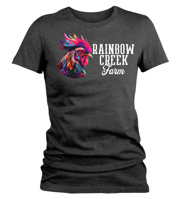 Women's Personalized Farm Shirt Colorful Rooster Hipster T Shirt Chicken Farmer Gift Rainbow Farming Farmer Chick Graphic Tee Ladies-Shirts By Sarah