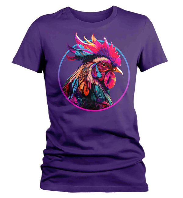 Women's Colorful Rooster Shirt Hipster T Shirt Bird Chicken Farmer Gift Rainbow Farming Farmer Chick Graphic Tee Ladies-Shirts By Sarah