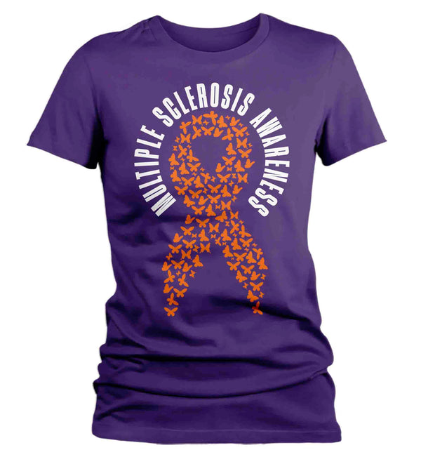 Women's Multiple Sclerosis Shirt MS Awareness T Shirt Orange Ribbon Butterflies Hope Tshirt Graphic Tee Streetwear Ladies-Shirts By Sarah
