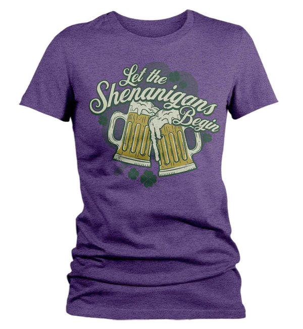 Women's Funny Shenanigans Shirt St. Patrick's Day T Shirt Begin Beer Mugs Cheers Party Tshirt Graphic Tee Streetwear Ladies-Shirts By Sarah