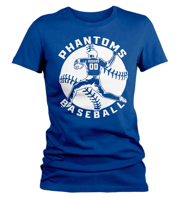 Women's Personalized Baseball Player Shirt Pitcher T Shirt Custom Baseball Graphic Mom Aunt Grandma Tee Ladies Woman-Shirts By Sarah