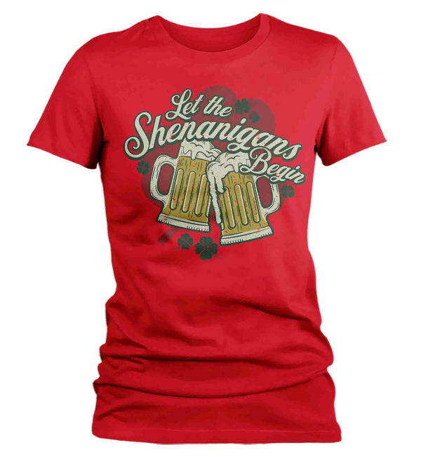 Women's Funny Shenanigans Shirt St. Patrick's Day T Shirt Begin Beer Mugs Cheers Party Tshirt Graphic Tee Streetwear Ladies-Shirts By Sarah