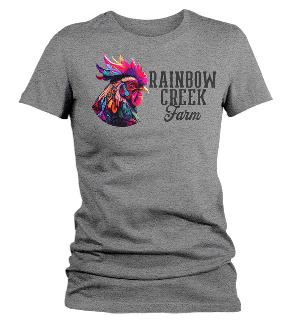 Women's Personalized Farm Shirt Colorful Rooster Hipster T Shirt Chicken Farmer Gift Rainbow Farming Farmer Chick Graphic Tee Ladies-Shirts By Sarah