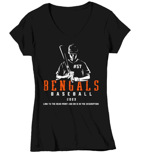 Women's V-Neck Personalized Baseball Player Shirt Team Batter T Shirt Custom Baseball Bat Graphic Mom Aunt Grandma Tee Ladies Woman-Shirts By Sarah