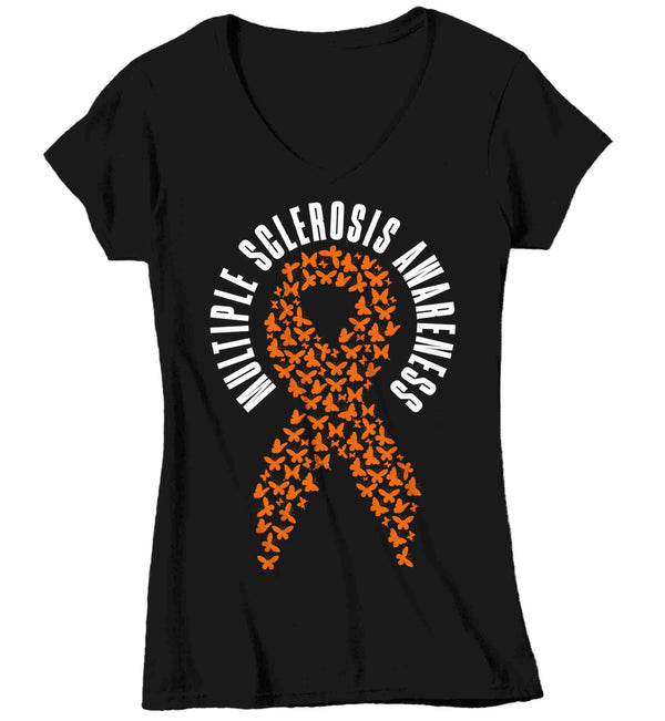 Women's V-Neck Multiple Sclerosis Shirt MS Awareness T Shirt Orange Ribbon Butterflies Hope Tshirt Graphic Tee Streetwear Ladies-Shirts By Sarah