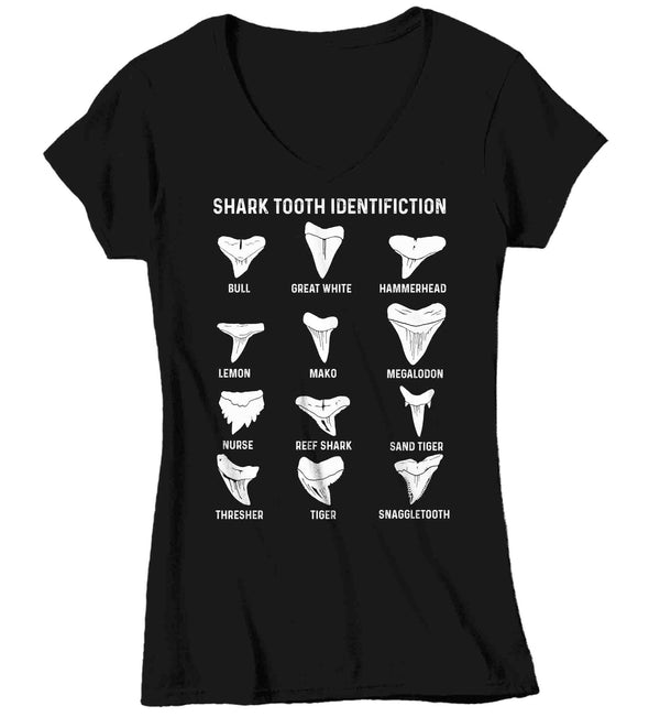 Women's V-Neck Shark Tooth Shirt Teeth Identification Fossil Shark Shirt Gift T-Shirt Ocean Marine Biology Fish Scientist Tee Ladies-Shirts By Sarah