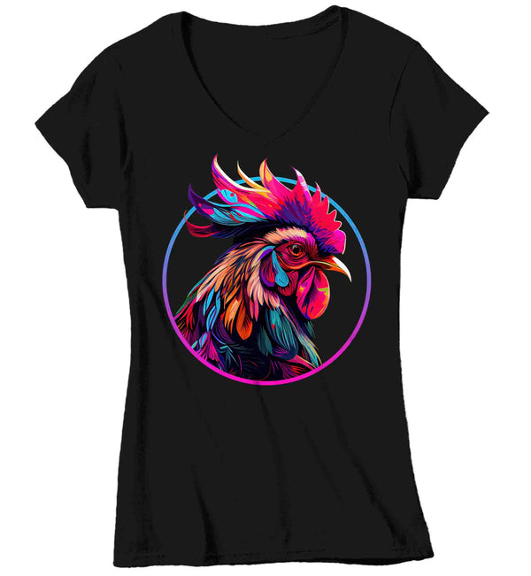 Women's V-Neck Colorful Rooster Shirt Hipster T Shirt Bird Chicken Farmer Gift Rainbow Farming Farmer Chick Graphic Tee Ladies-Shirts By Sarah