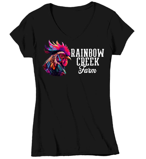 Women's V-Neck Personalized Farm Shirt Colorful Rooster Hipster T Shirt Chicken Farmer Gift Rainbow Farming Farmer Chick Graphic Tee Ladies-Shirts By Sarah