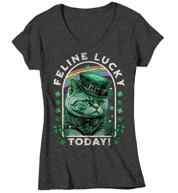 Women's V-Neck St. Patrick's Day Shirt Cat T-Shirt Feline Lucky Funny Cat Dad Mom Kitty Leprechaun Gift Graphic Vintage Video T Shirt Ladies-Shirts By Sarah