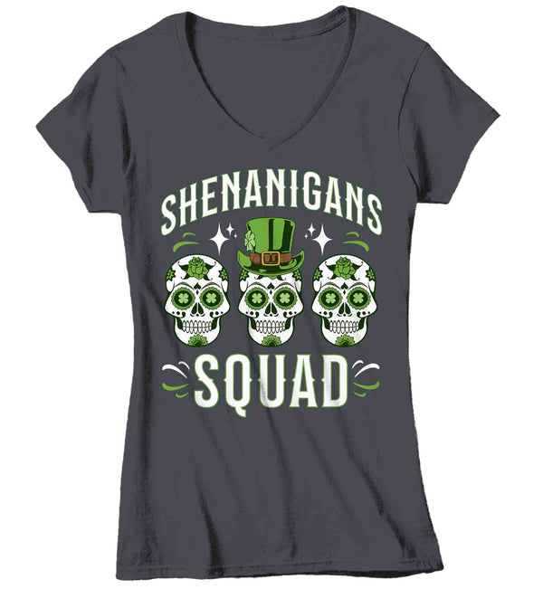 Women's V-Neck Funny Shenanigans Squad Shirt St. Patrick's Day T Shirt Sugar Skull Grunge Tshirt Graphic Tee Streetwear Ladies-Shirts By Sarah