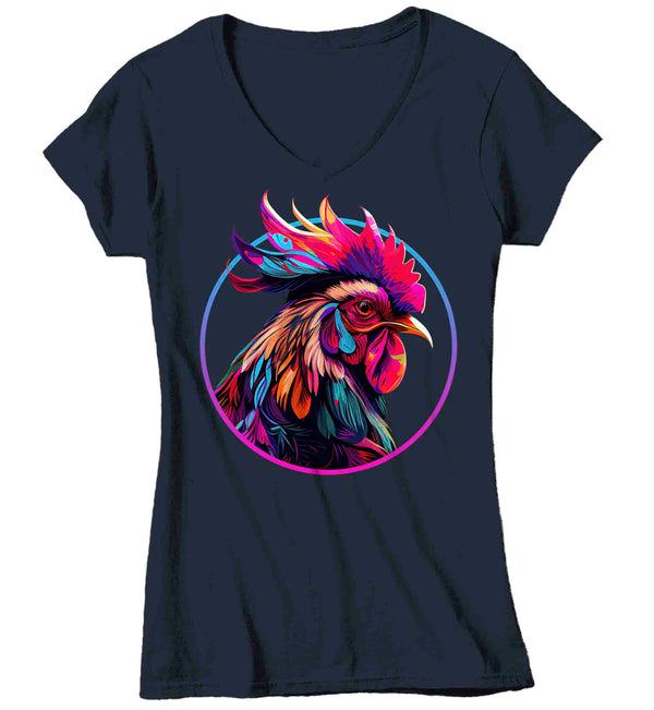 Women's V-Neck Colorful Rooster Shirt Hipster T Shirt Bird Chicken Farmer Gift Rainbow Farming Farmer Chick Graphic Tee Ladies-Shirts By Sarah