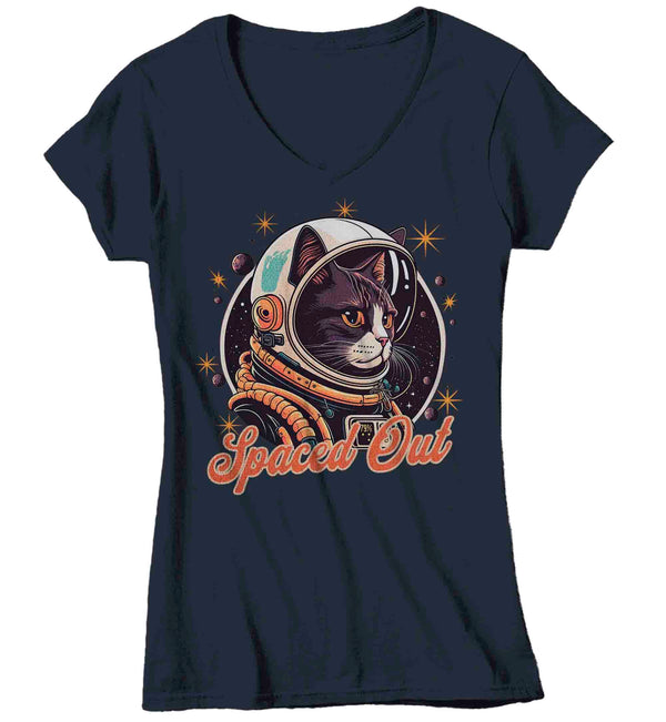 Women's V-Neck Funny Cat Astronaut Shirt Spaced Out Kitty T Shirt Hipster Space Astronomy Gift Feline Humor Graphic Streetwear Tee Ladies-Shirts By Sarah