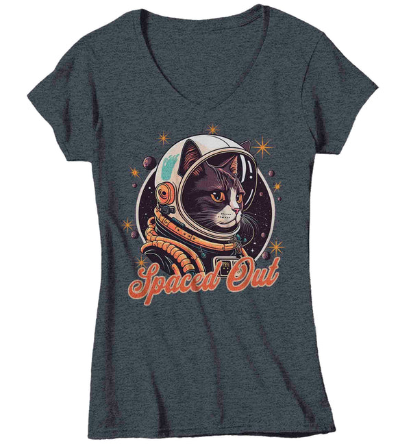 Women's V-Neck Funny Cat Astronaut Shirt Spaced Out Kitty T Shirt Hipster Space Astronomy Gift Feline Humor Graphic Streetwear Tee Ladies-Shirts By Sarah