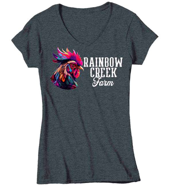 Women's V-Neck Personalized Farm Shirt Colorful Rooster Hipster T Shirt Chicken Farmer Gift Rainbow Farming Farmer Chick Graphic Tee Ladies-Shirts By Sarah