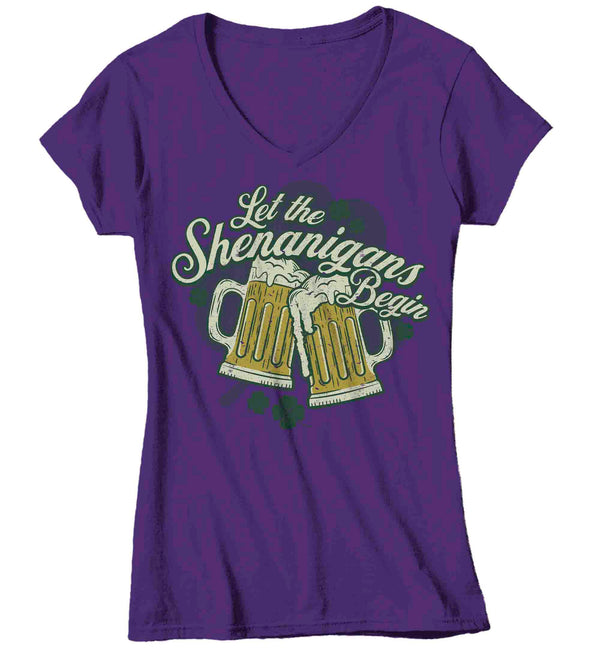 Women's V-Neck Funny Shenanigans Shirt St. Patrick's Day T Shirt Begin Beer Mugs Cheers Party Tshirt Graphic Tee Streetwear Ladies-Shirts By Sarah